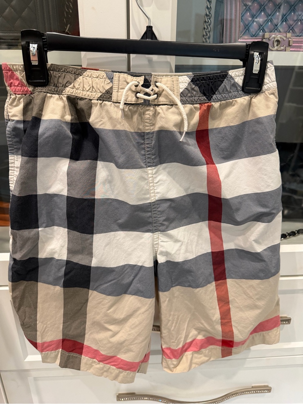 Burberry Beige and Gray Plaid Drawstring Shorts